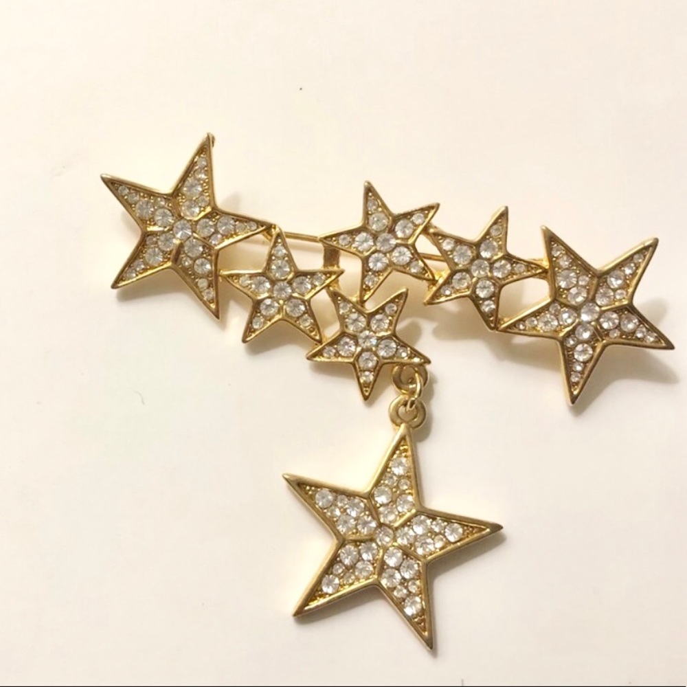 Stars with drop star rhinestone pin brooch gold